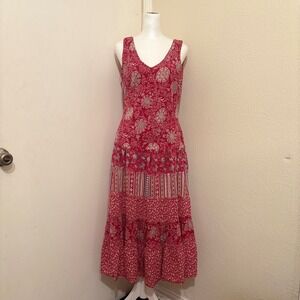 Coldwater Creek Red Floral Paisley Tiered Flowy Cotton Drop Waist Midi Dress 6